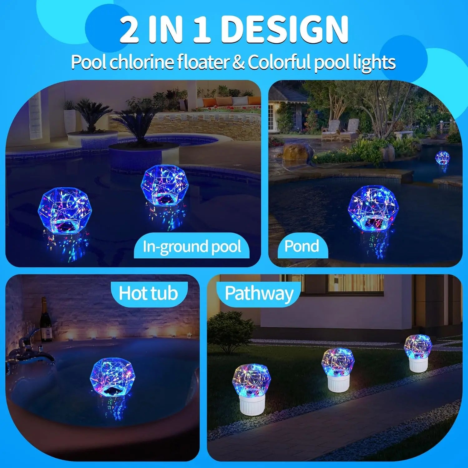 Solar Chlorine Floater,Pool Chlorines Floater with Colorful Lights,Chlorine Floaters with Diamond Shapes,Adjustable Flow Chlorines Dispenser for Pool,Hot Tub Chlorines Floaters Dark Blue Outdoorfun Garden Decor Summer Fun