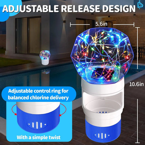 Solar Chlorine Floater,Pool Chlorines Floater with Colorful Lights,Chlorine Floaters with Diamond Shapes,Adjustable Flow Chlorines Dispenser for Pool,Hot Tub Chlorines Floaters Dark Blue Outdoorfun Garden Decor Summer Fun