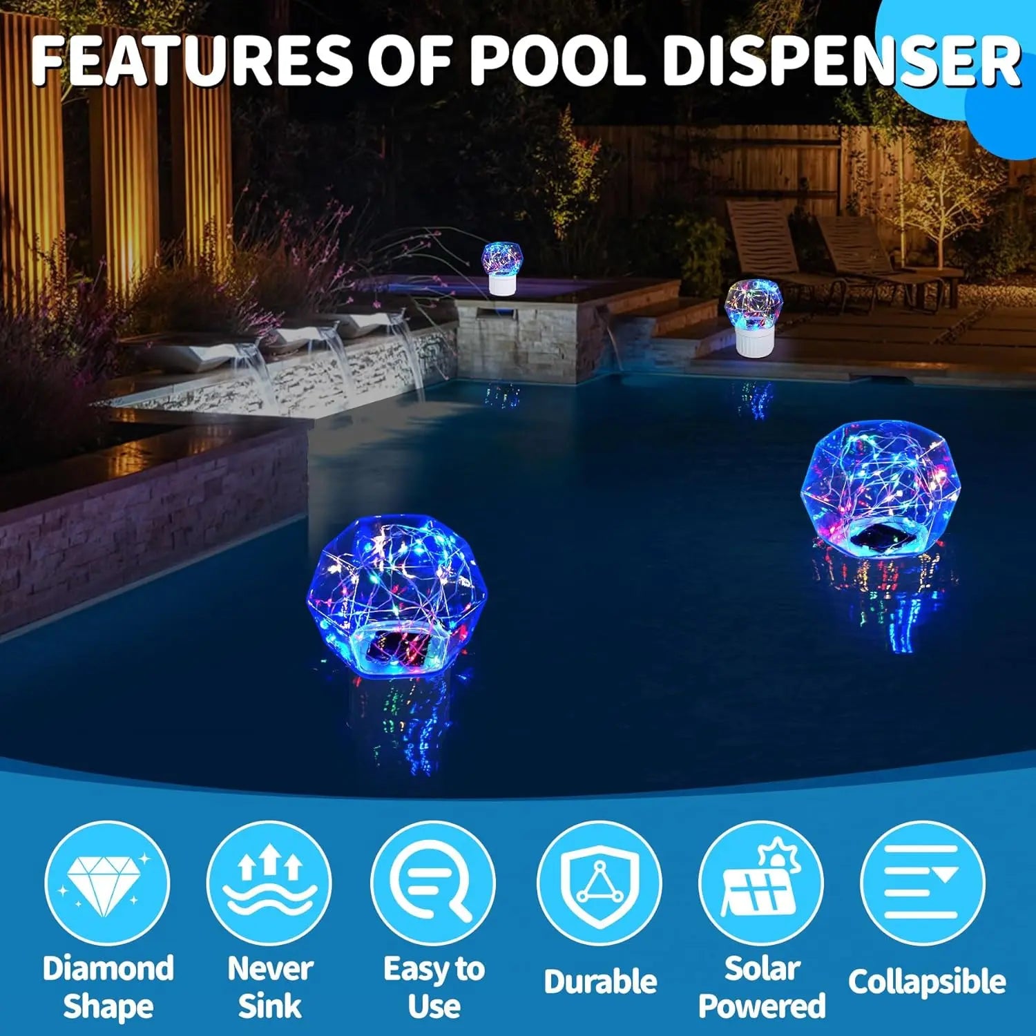 Solar Chlorine Floater,Pool Chlorines Floater with Colorful Lights,Chlorine Floaters with Diamond Shapes,Adjustable Flow Chlorines Dispenser for Pool,Hot Tub Chlorines Floaters Dark Blue Outdoorfun Garden Decor Summer Fun