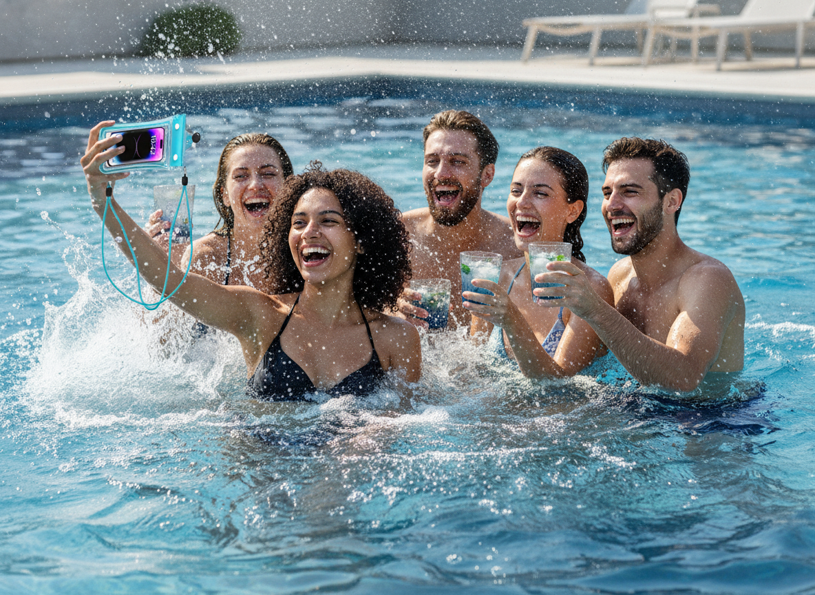 Friends laughing and splashing in a sunny swimming pool, one holding a clear waterproof phone pouch to take a selfie, with a 