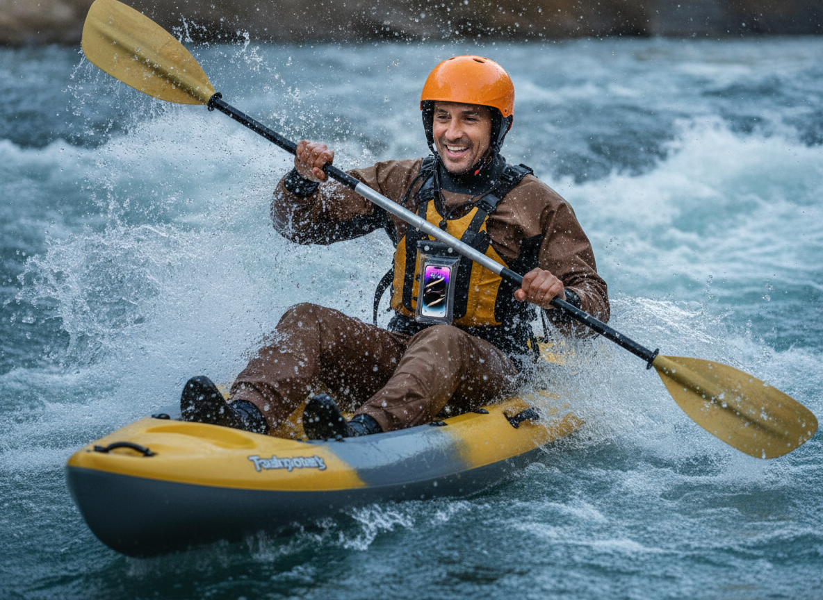 Person kayaking down a rapid river, holding a waterproof phone pouch. Water splashes around the kayak, showing the pouch in a
