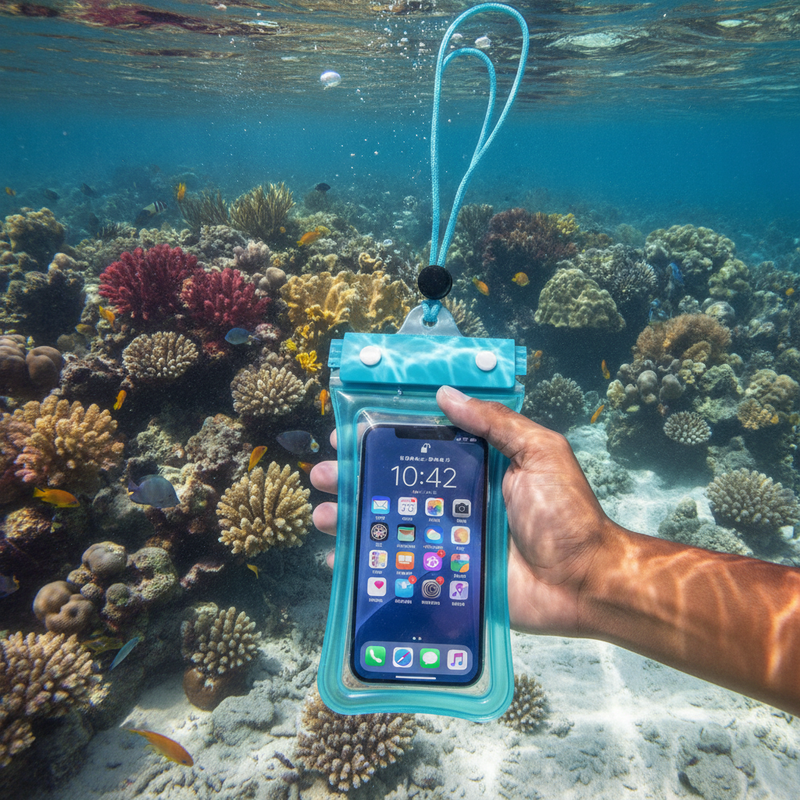 Person's hand holds a waterproof phone pouch with a smartphone underwater, surrounded by colorful coral and fish in the Carib
