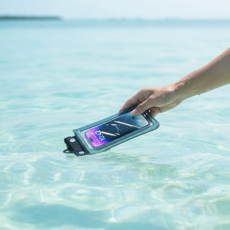 A hand holding a clear waterproof phone pouch with a phone inside, floating in calm, tropical water in the Florida Keys.